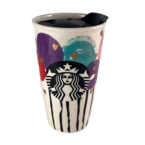 Starbucks 12oz DW Ceramic Hearts and Balloons Travel Cup, EUC 2016 Collectible - Picture 1 of 8